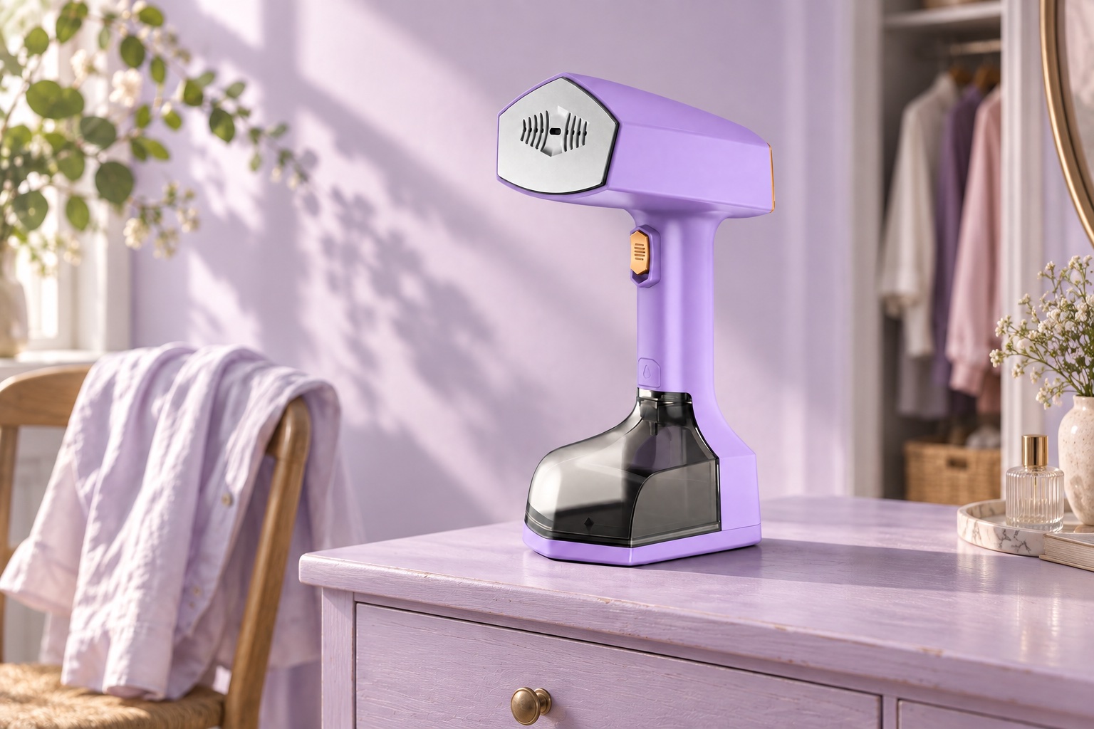 Défroisseur lavande dans un dressing lilas éclairé par la lumière du matin